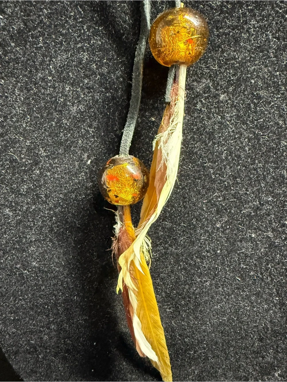 Vintage Italian Amber Look Beaded Leather Cord Lariat Necklace Feather Pendant